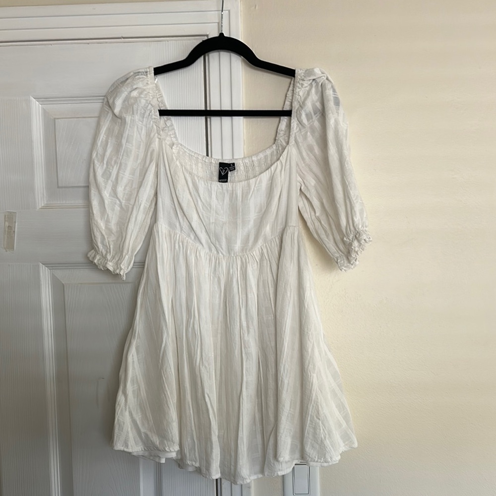 Windsor White Puff Sleeve Mini Dress with Ruffled Peplum